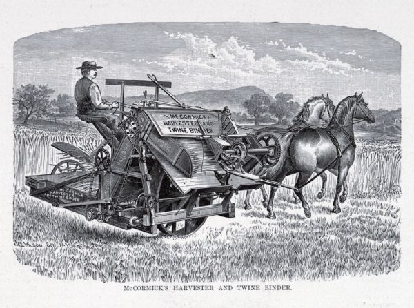Engraved illustration of a man operating a horse-drawn McCormick harvester and twine binder in a field.