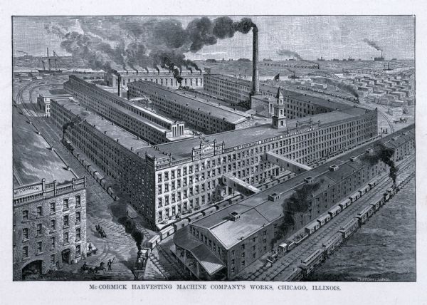 Engraved bird's-eye view illustration of the "McCormick Harvesting Machine Company's Works," including railroad cars, smoke from smokestacks and factory workers.