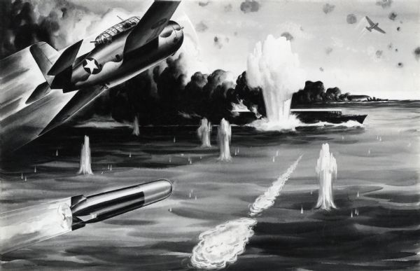 A military airplane drops torpedoes on a boat floating in a body of water in an illustration titled: "A Kid from Kansas."