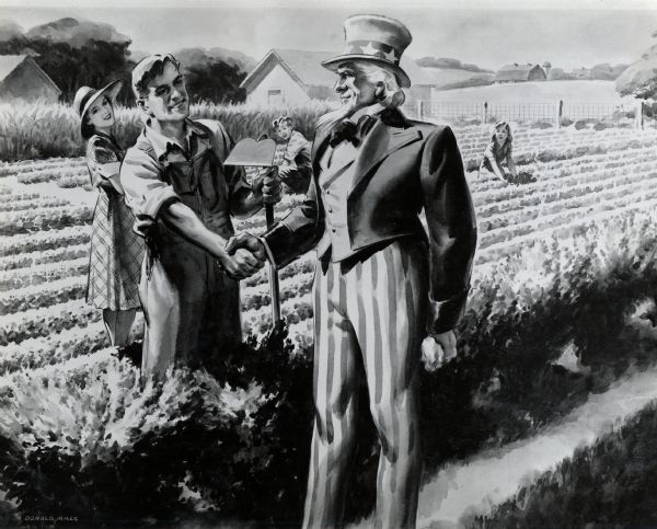 Uncle Sam stands in the foreground of an illustration promoting victory gardens and shakes the hand of a farmer with a hoe in his hand. Three women work in a garden in the background.