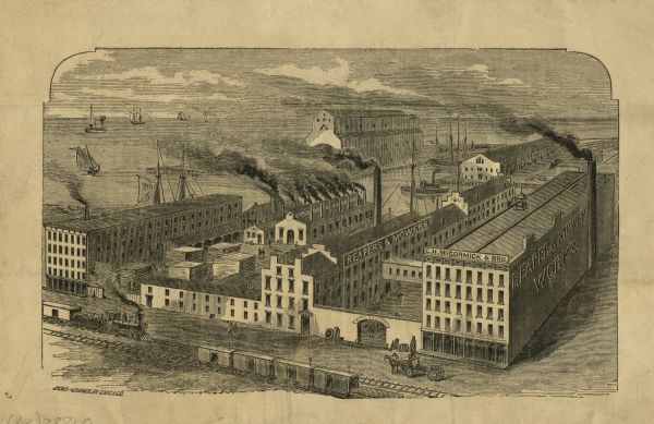 Engraved illustration of an elevated view of the "McCormick Reaper & Mower Works." Ships are on Lake Michigan in the background.