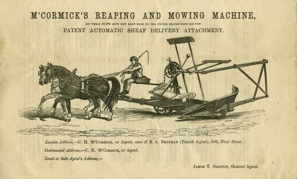 Cover of a British advertising brochure for "McCormick's Reaping and Mowing Machine, (of which 50,000 have now been made in the United States) with his new patent automatic sheaf delivery attachment."