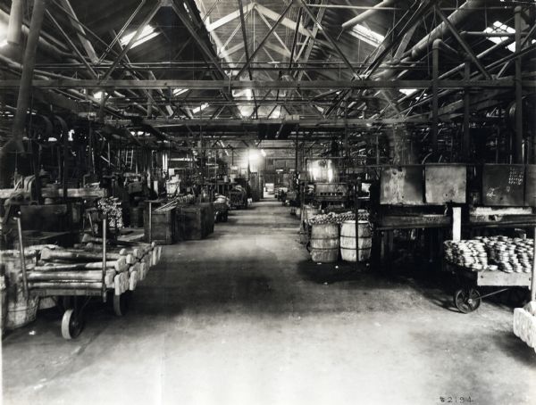 Interior view of the forge shop at International Harvester's Milwaukee Works factory.