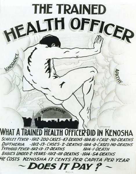Exhibit poster with an illustration of a naked man pushing against masses shaped liked clouds which are labeled "Ignorance" and "Apathy." At the center over a silhouette of a skyline is the word: "Knowledge." Includes the text "what a trained health officer did in Kenosha."