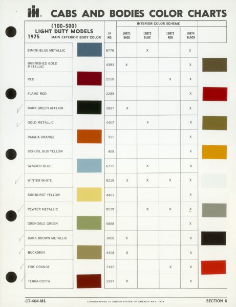 International Harvester light duty models (100-500) cabs and bodies color chart. Contains paint chips for the main exterior body color and matches this with the interior color scheme. The chart includes: "Bimini Blue Metallic, Burnished Gold Metallic, Red, Flame Red, Dark Green Afflair, Gold Metallic, Omaha Orange, School Bus Yellow, Glacier Blue, Winter White, Sunburst Yellow, Pewter Metallic, Grenoble Green, Dark Brown Metallic, Buckskin, Fire Orange," and "Terra Cotta."