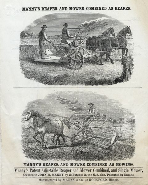 Engraved illustration from an advertising booklet for Manny's Patent Adjustable reaper and mower. The page features two images of men operating the reaper and mower. The top illustrates the reaper, while the lower illustration shows mowing.