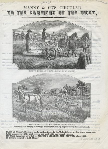 Cover page of a Manny & Co. advertising circular featuring two illustrations of men using Manny's reaper and mower. The top illustration shows the reaper and mower combined in use for reaping, while the lower illustration shows mowing.