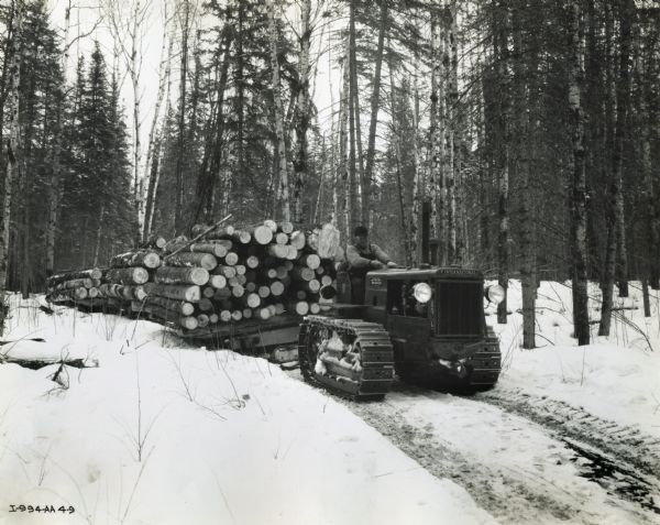 A man drives an International TD-35 TracTracTor (crawler tractor) down a snowy road to pull several piles of logs from a wooded area. The photograph was taken in the vicinity of Fort Frances, Ontario, Canada.