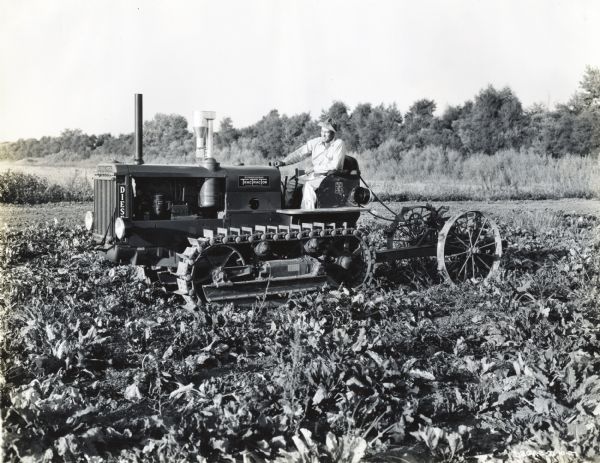 A man operates an International TD-35 TracTracTor (crawler tractor) while using a two-row beet puller to do field work on an 850-acre farm.  The equipment was owned by W.C. Huntley of Clarksburg, California.