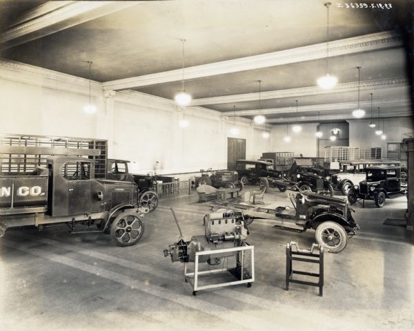 International trucks and engines on display in a dealership or branch showroom.