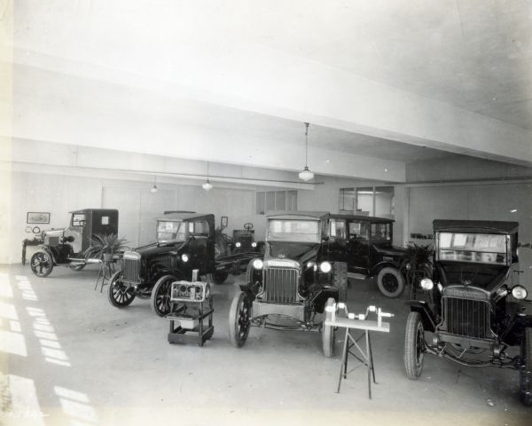 International trucks on display in a dealership or branch showroom.