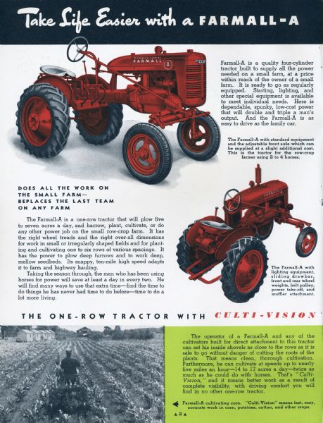 Advertisement titled "Take Life Easier with a Farmall-A". The advertisement features two-color illustrations of tractors and a photograph of a farmer using a Farmall-A to cultivate a cornfield.