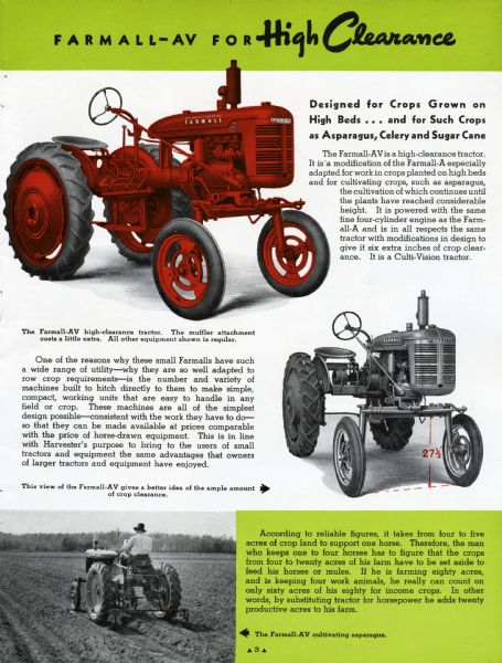 Advertisement for the McCormick-Deering Farmall AV tractor.  Features one color and one black/white illustration of tractors and a photograph of a man using a tractor in an asparagus field.