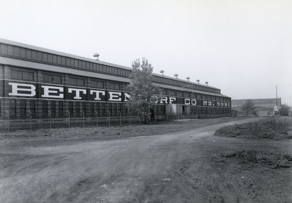 External view of the proposed Personnel Building at the Quad-Cities Tank Arsenal. The sign on the side of the building reads: "Bettendorf Co. Steel Foundry."
