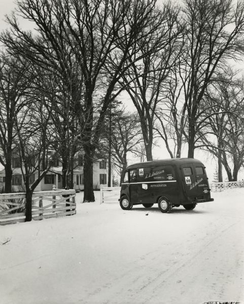 International KB-3 truck with a Metro body parked outside home of William C. Wittmus. The truck was owned by A.A. Anderson, an International Harvester dealership specializing in refrigeration.
