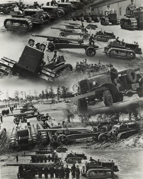 Montage of machines and armaments produced by International Harvester for the war effort. Included are images of jeeps, crawler tractors (TracTracTors), and artillery pieces.