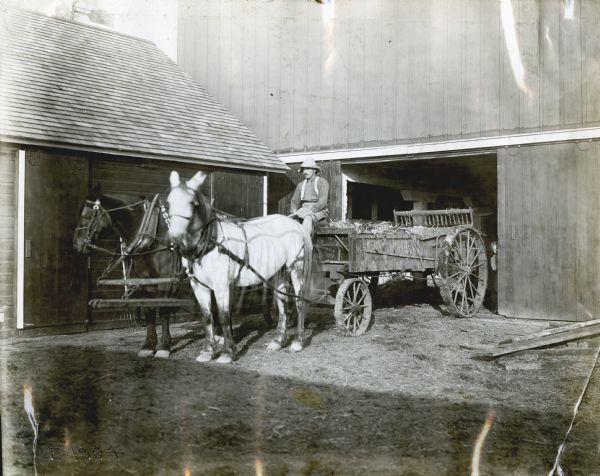 Farmer on a horse-drawn manure spreader pulling out of barn. Another farm building is on the left. A small girl, possibly a daughter, is peering out from behind the open barn door.