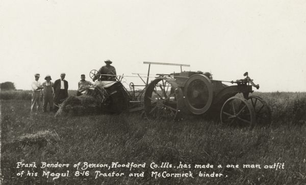 Men with grain binder hitched to Mogul tractor.