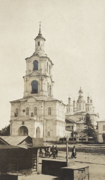Church buildings in a town along the Trans-Siberian Railway. Original caption reads: "seminary church and buildings at Vyatka."