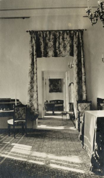 Interior of a room in the Winter Palace in Petrograd (St. Petersburg), Russia. Original caption reads: "Rooms in the Winter Palace of the Czar."
