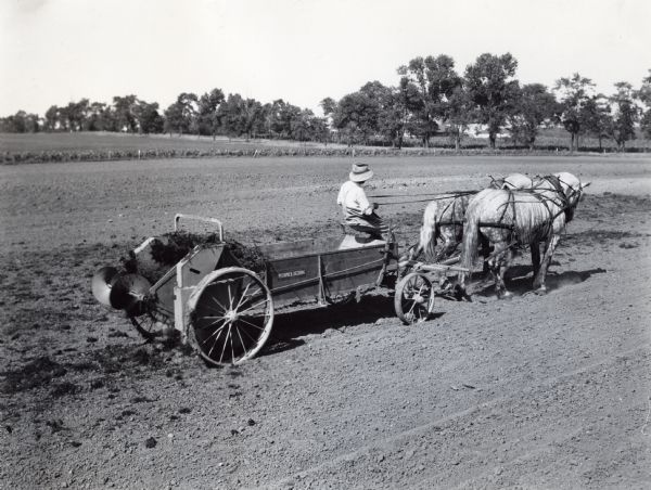 Elevated view of a man driving a team of two horses to pull a McCormick-Deering manure spreader across a field at International Harvester's Hinsdale experimental farm.