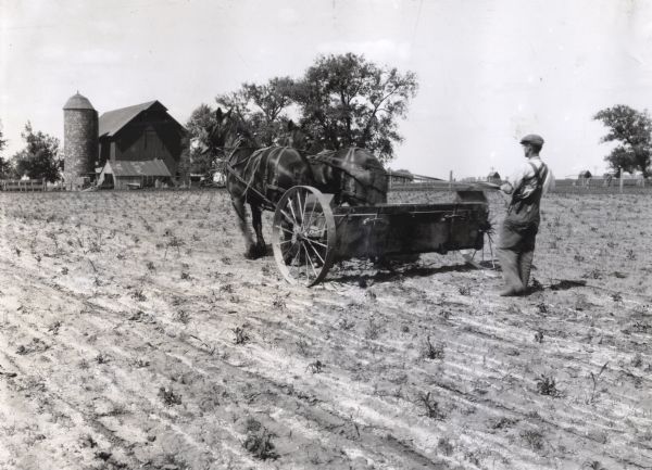 Fred H. Conners is walking behind a lime spreader pulled by two horses to fertilize field soil. A barn, silo, and other farm buildings are in the background.