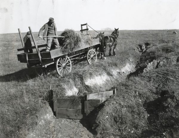 A man standing on a horse-drawn wagon is using a pitchfork to move hay into a field gully blocked with wood. Another man is standing behind the wagon.