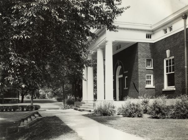 View from sidewalk of the landscaping outside a public library in St. Charles, Illinois.