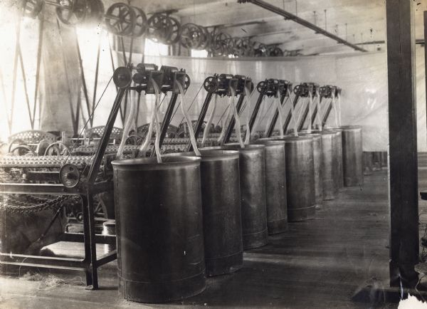 Sisal combing machines inside an International Harvester twine mill, possibly at McCormick Works in Chicago.
