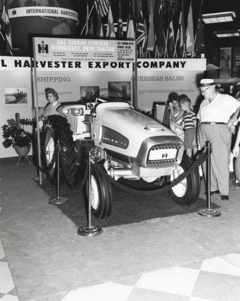 An experimental International HT 340 Tractor on display at an unknown exhibition.