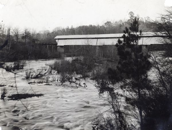 View from shoreline of a covered bridge over Hillobee Creek.