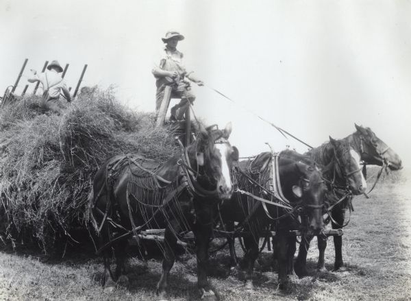 A man driving a team of four horses while standing on the front standard of a wagon loaded with what appears to be hay. Photograph taken for International Harvester's Agricultural Extension Department to illustrate a dangerous operating position.