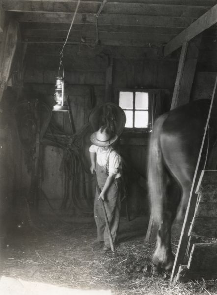 A boy using a shovel cleans up after a horse in a stable at Rogers farm while an oil lamp hangs from a wire above him.