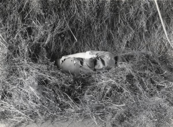 A transient man asleep in a pile of hay at International Harvester's Hinsdale experimental farm. Photograph taken for International Harvester's Agricultural Extension Department to illustrate hazards found on the farm.