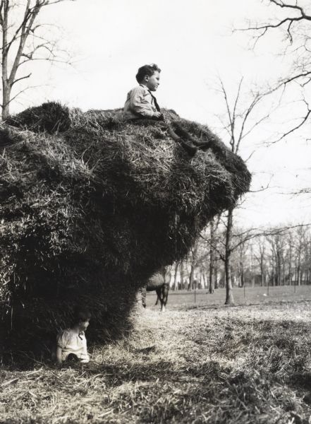 A child sits on top of a pile of straw while another sits below it. A horse is in a pasture in the background. Photograph taken for International Harvester's Agricultural Extension Department to illustrate various dangers of the farm.
