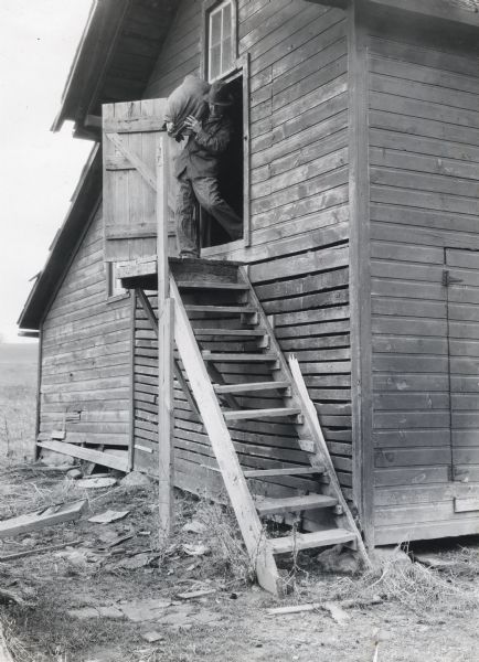 A man carrying a burlap bag over his shoulder descends a flight of wooden stairs without a railing.