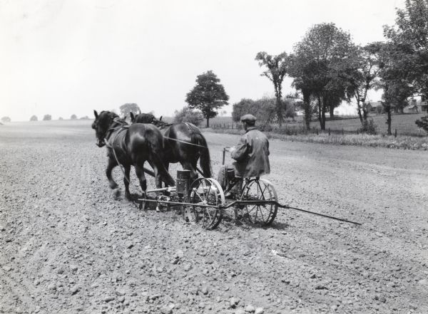 A man is driving a team of two horses who are pulling a McCormick-Deering planter with a bean attachment across a field while planting corn and soy beans. In the background on the right are farm buildings.