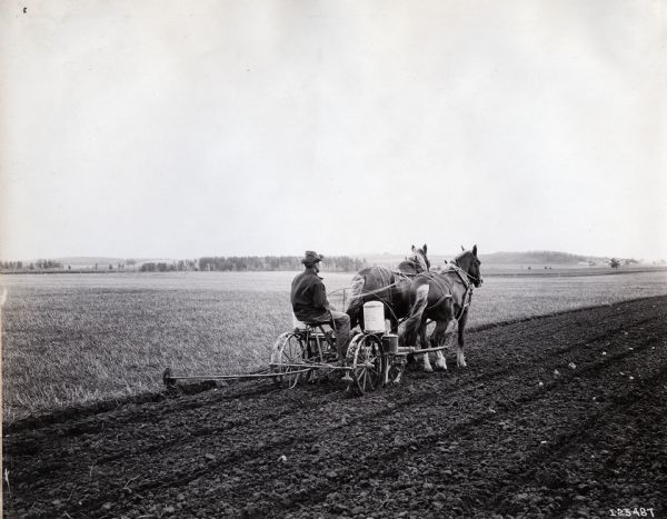 A man is driving a team of two horses who are pulling a planter outfitted with a fertilizer attachment across a farm field.