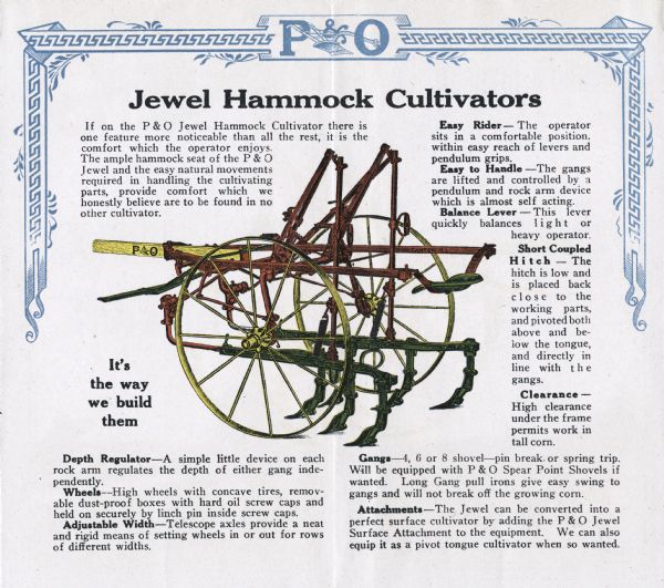Inside spread of a flyer advertising Parlin & Orendorff Jewel Hammock cultivators. The pages feature a color illustration of a cultivator surrounded by text explaining its features, and the caption: "It's the way we build them."