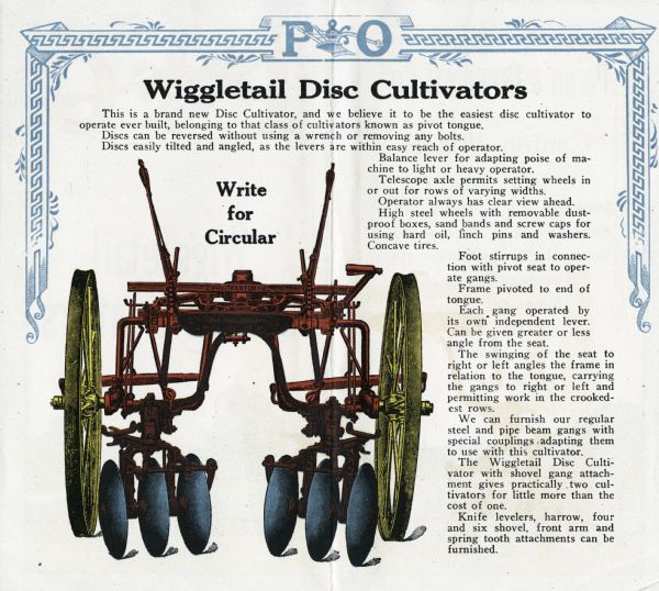Inside spread of advertising brochure for Parlin & Orendorff's Wiggletail disc cultivators. The pages feature a color illustration of the cultivator, the caption: "Write for Circular," and surrounding text which explains the features of the cultivator.
