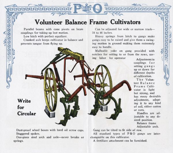 Inside spread of advertising brochure for Parlin & Orendorff's volunteer balance frame cultivator. The brochure features a color illustration of the cultivator along with the caption: "Write for Circular" and surrounding text which explains various features of the machinery.