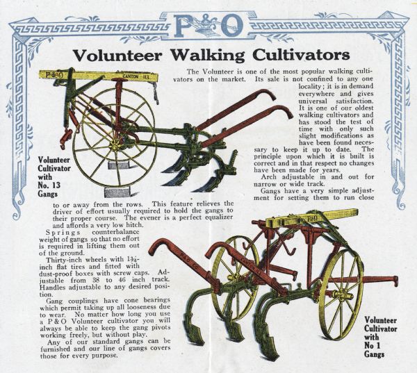 Advertising brochure for Parlin & Orendorff's Volunteer walking cultivators. The booklet features a color illustration of the Volunteer cultivator with No.13 gangs (top) and a Volunteer cultivator with No.1 gangs; text surrounds the illustrations explaining benefits and features of the machinery.