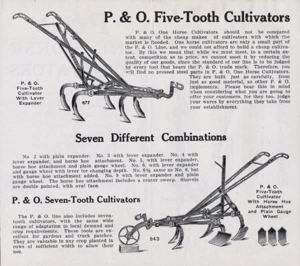 Inside spread of an advertising brochure for Parlin & Orendorff's one-horse cultivators. The brochure features an illustration of a five-tooth cultivator with a level expander (top) and a five-tooth cultivator with a horse hoe attachment and plain gauge wheel. Text surrounding the illustrations explains the benefits and features of P&O's five-tooth and seven-tooth cultivators.