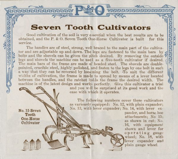 Brochure by Parlin & Oredorff to advertise seven tooth cultivators. The inside spread features an illustration of a No. 15 Seven Tooth One-Horse Cultivator surrounded by text explaining its features.