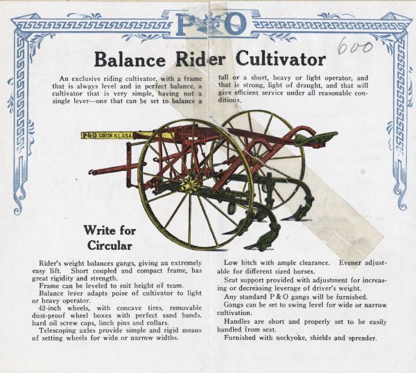 Advertising brochure for Parlin & Orendorff's balance rider cultivator. The inside spread is open to reveal a color illustration of the cultivator along with the caption: "Write for Circular" and text explaining features of the cultivator.