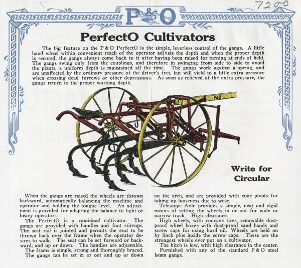 Advertising brochure for Parlin & Orlendorff's PerfectO cultivator. The inside spread features a color illustration of the cultivator along with a caption reading: "Write for Circular," and text explaining the machine's features.