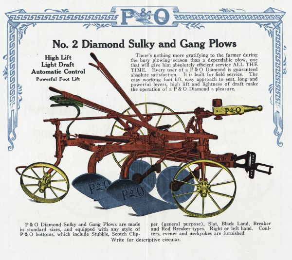Advertising brochure for Parlin & Orendorff's No. 2 Diamond sulky and gang plows. The inside spread features a color illustration of a high lift light draft automatic control with a powerful foot lift and text surrounding the illustration describes the features and benefits of the machinery.