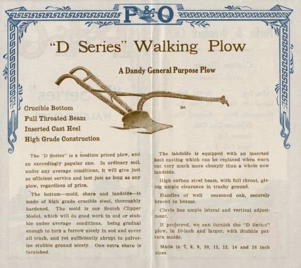 Brochure advertising Parlin & Orendorff's "D Series" walking plow.  The inside spread features an illustration of the plow along with the caption: "A Dandy General Purpose Plow; 314; Crucible Bottom, Full Throated Beam, Inserted Cast Heel, High Grade Construction" and surrounding text explaining the tool's features.