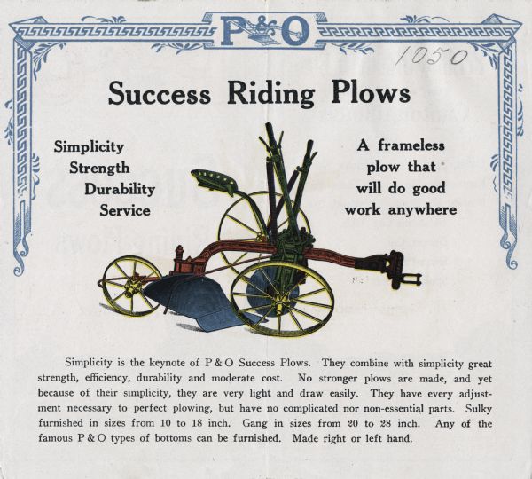 Advertising brochure for Parlin & Orendorff's Success riding plows featuring a color illustration of a plow and the captions: "Simplicity Strength Durability Service" and "A frameless plow that will do good work anywhere."  A paragraph of text beneath the illustration lists the benefits of the plow.