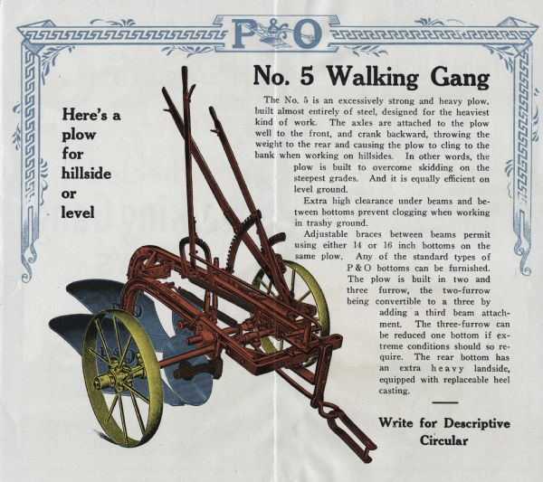 Advertising brochure for Parlin & Orendorff's No.5 walking gang plow. The inside spread features a color illustration of the plow and a caption reading: "Here's a plow for hillside or level." To the side of the illustration is a paragraph describing the benefits of the plow.